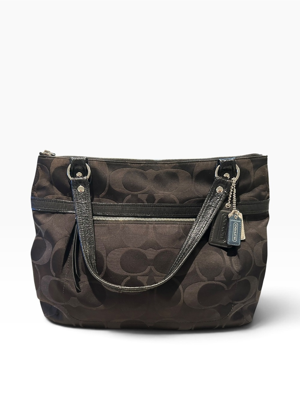Coach Signature C Black Charcoal Zip Top Tote Shoulder Bag Patent Trim